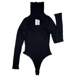 Love Cameron Women MEDIUM Black Ribbed Open Front Sexy Bodysuit Long Sleeve Top